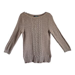 LAUREN RALPH LAUREN Petite PS PM Cable Knit Sweater Gold Metallic 3/4 Sleeve 34"